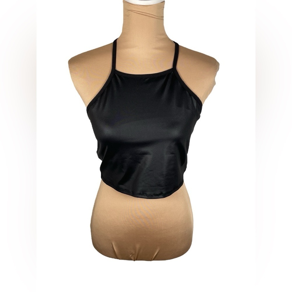 HARD TAIL ~Black Satin Halter Crop Top Large